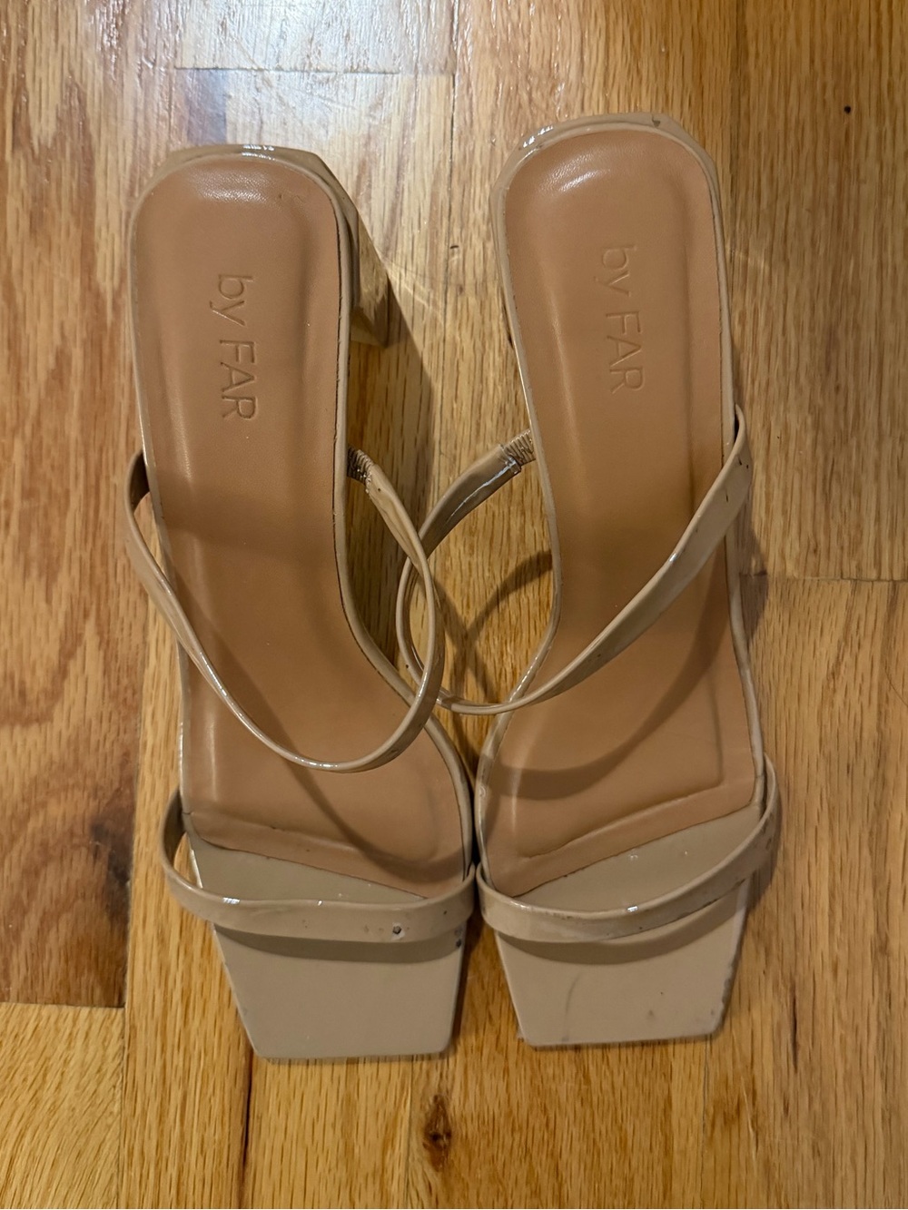 BY FAR Beige/Nude Square-Toe Strappy Block Heel Sandals